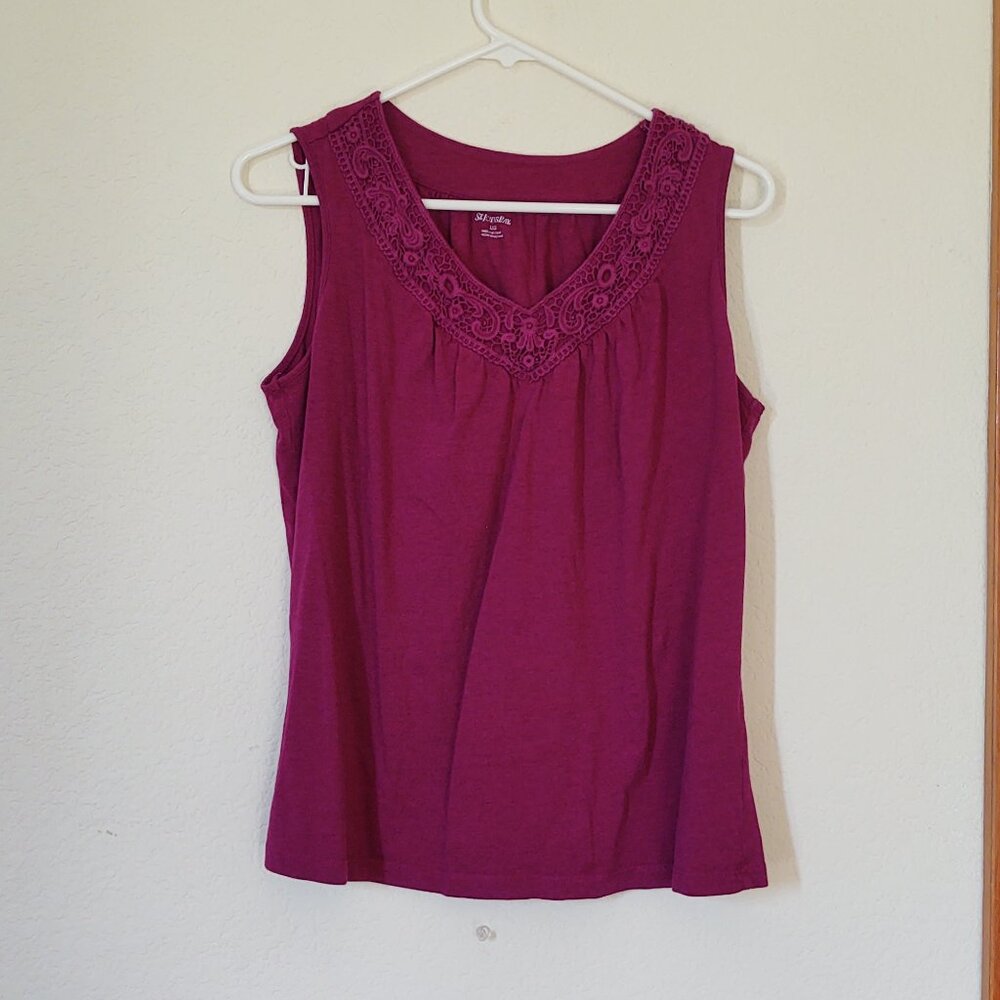 ST JOHNS BAY LARGE SLEEVLESS V NECK BLOUSE LACE TRIM MAROON TOP LIGHTWEIGHT